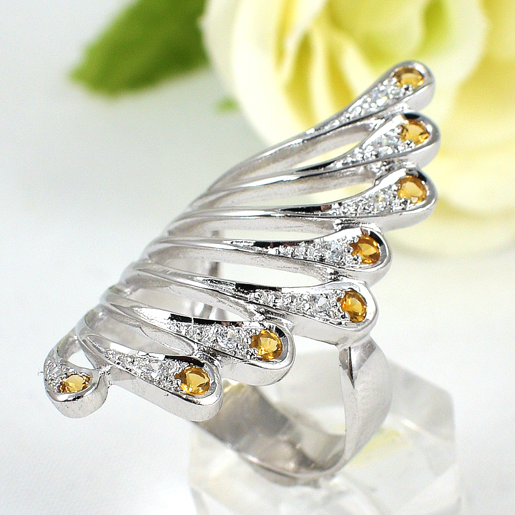 แหวนเงินแท้ราคาถูกชุบทองคำขาว ซิทรินแท้ 0.48 กะรัต เพชรCZ 0.12 กะรัต งานประณีตสวยงาม สั่งผลิตค่ะ