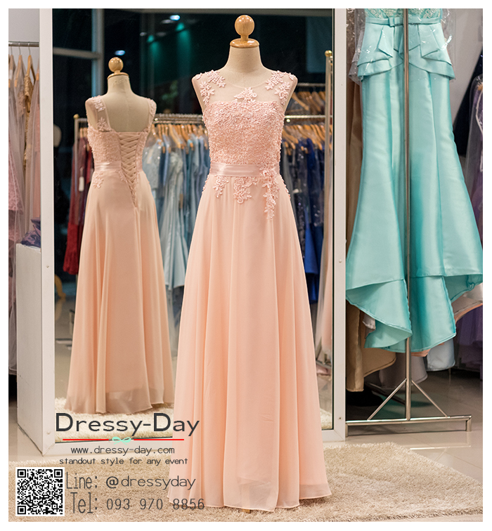 รหัส ชุดราตรี : BB002 ชุดราตรียาวผ้าชีฟองหรู เดรสออกงานประดับลูกไม้และกริตเตอร์ ชุดไปงานแต่งซีทรูช่วงหน้าอก ชุดแซก ชุดเพื่อนเจ้าสาว สีชมพู