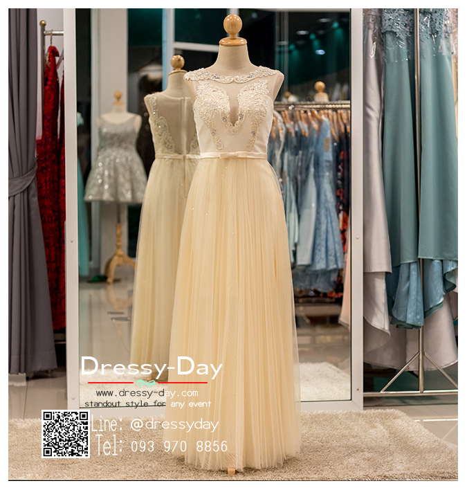 รหัส ชุดราตรียาว : PF004 ชุดแซก ชุดราตรี after party สีครีม แขนกุด ประดับเลื่อมบนชุด มีโบว์น่ารักที่เอว สวยเก๋เหมาะใส่ออกงานกลางคืน งานแต่งงาน