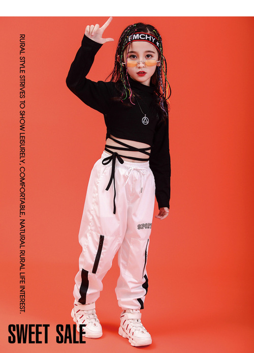 ชุดเต้น ชุดแดนซ์ เสื้อเอวลอยสีดำ+กางเกงขายาวสีขาว