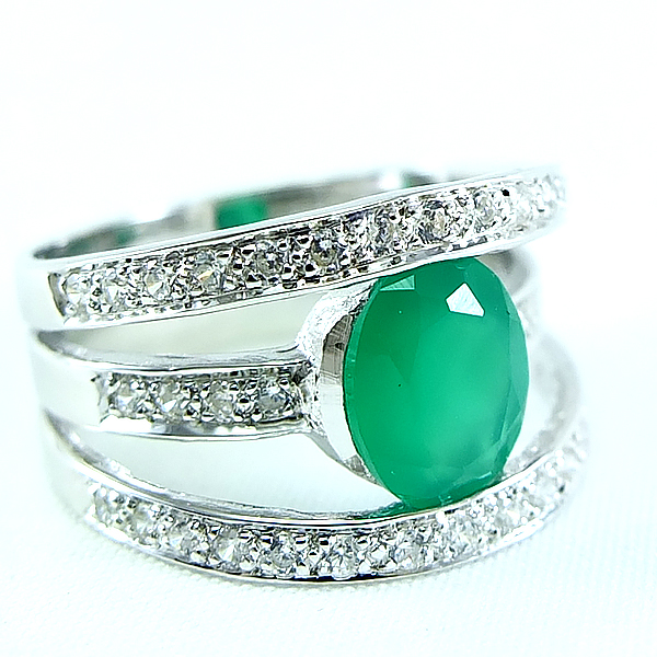 แหวนเงินแท้ราคาถูกชุบทองคำขาว พลอยแท้กรีนอะเกท 1.70 กะรัต เพชรCZ 0.57 กะรัต งานประณีตสวยงาม สั่งผลิตค่ะ