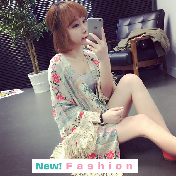 เสื้อคลุมพิมพ์ลายแต่งพู่สไตล์โบฮีเมี่ยน รหัส 1242