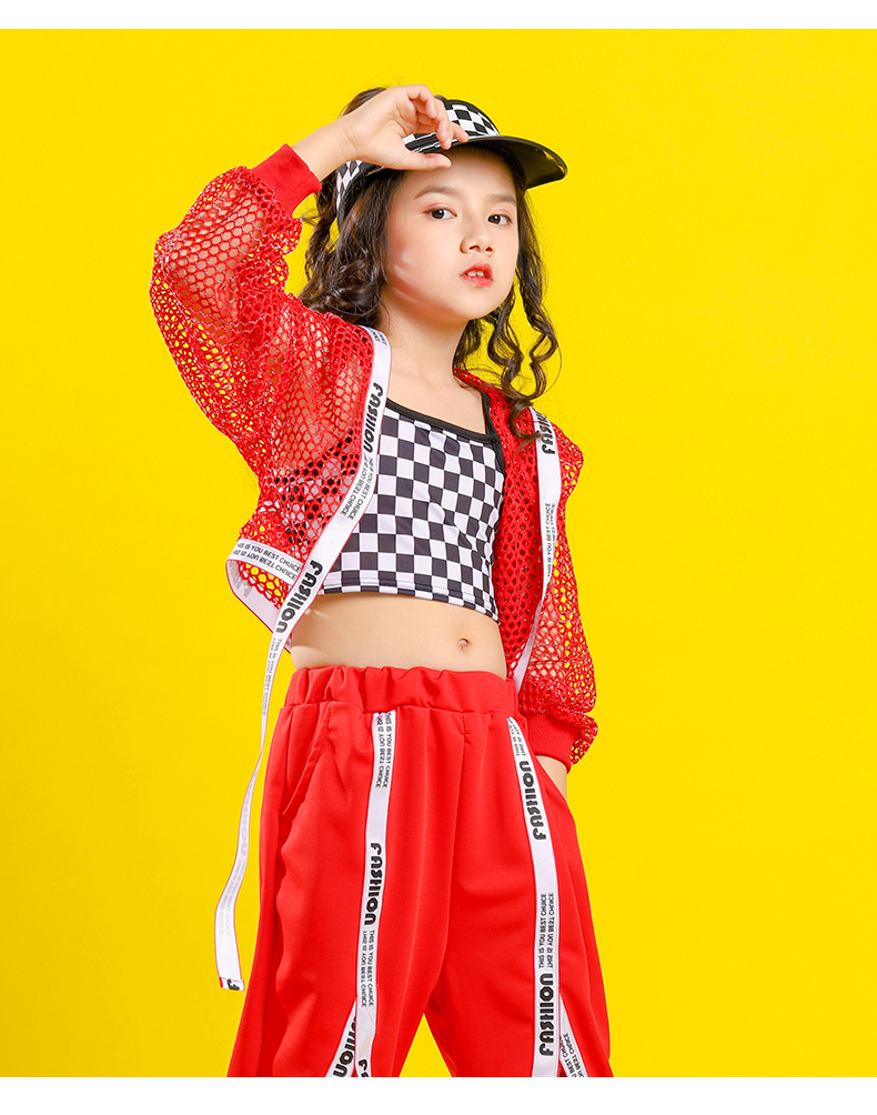 ชุดStreet Dance HIPHOP เสื้อตาข่ายแดง+เสื้อลำลอง+กางเกง
