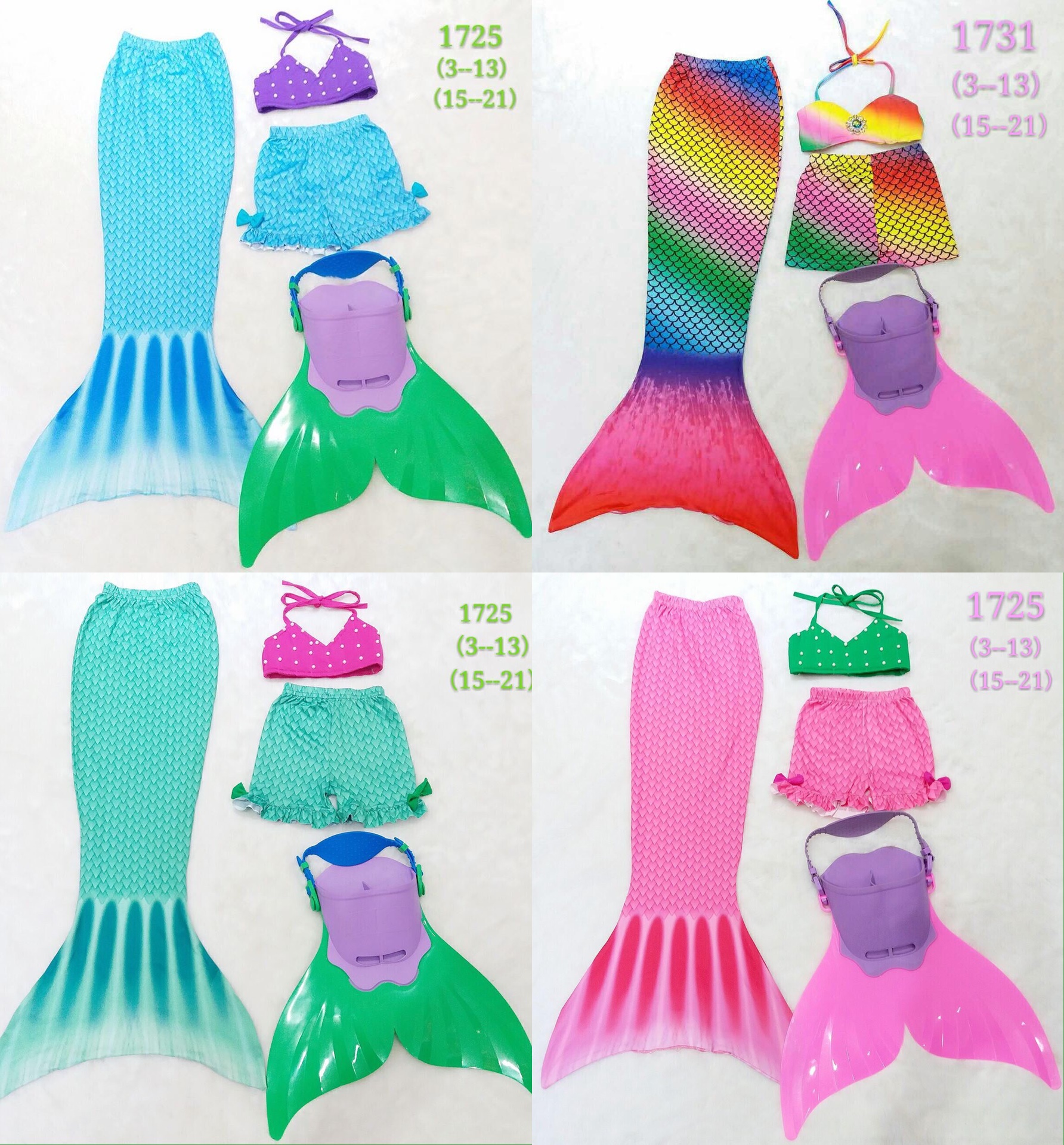 พร้อมส่ง ชุดว่ายน้ำ ชุดหางนางเงือก เซ็ต 4 ชิ้น หางปิด