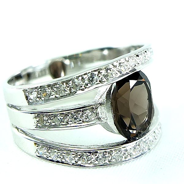 แหวนเงินแท้ราคาถูกชุบทองคำขาว พลอยแท้สโมกกี้ควอทซ์ 1.70 กะรัต เพชรCZ 0.57 กะรัต งานประณีตสวยงาม สั่งผลิตค่ะ