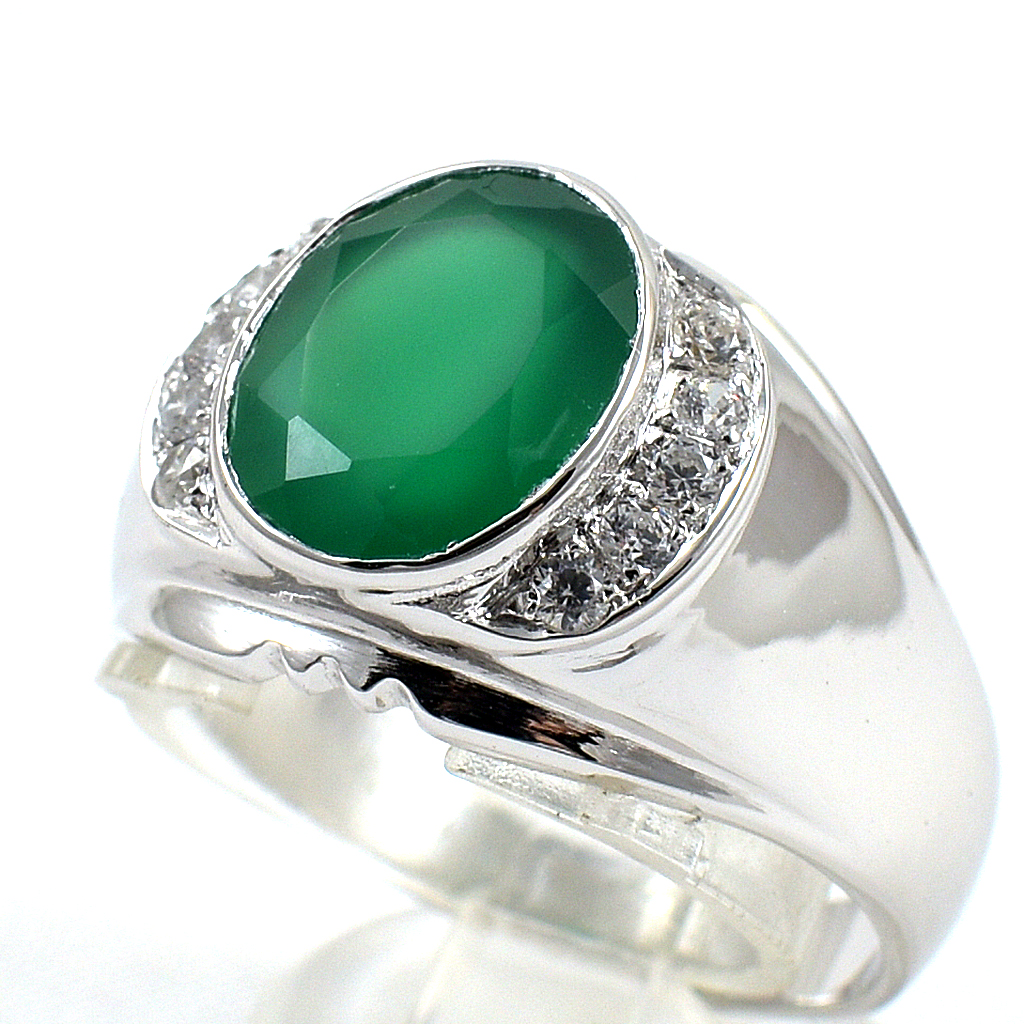 แหวนเงินแท้ราคาถูกชุบทองคำขาว พลอยแท้กรีนอะเกท 4.55 กะรัต เพชรCZ 0.30 กะรัต งานประณีตสวยงาม สั่งผลิตค่ะ