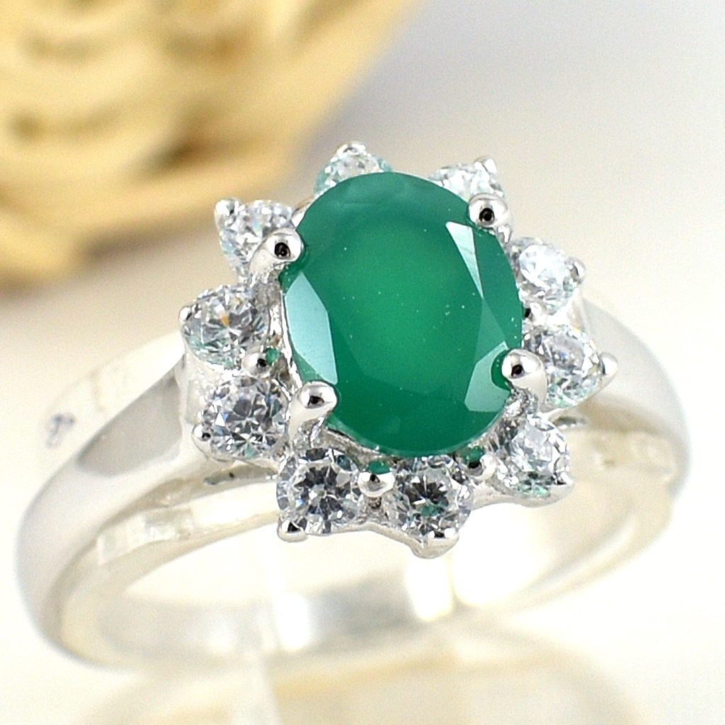 แหวนเงินแท้ราคาถูกชุบทองคำขาว พลอยแท้กรีนอะเกท 1.60 กะรัต เพชรCZ 0.50 กะรัต งานประณีตสวยงาม สั่งผลิตค่ะ