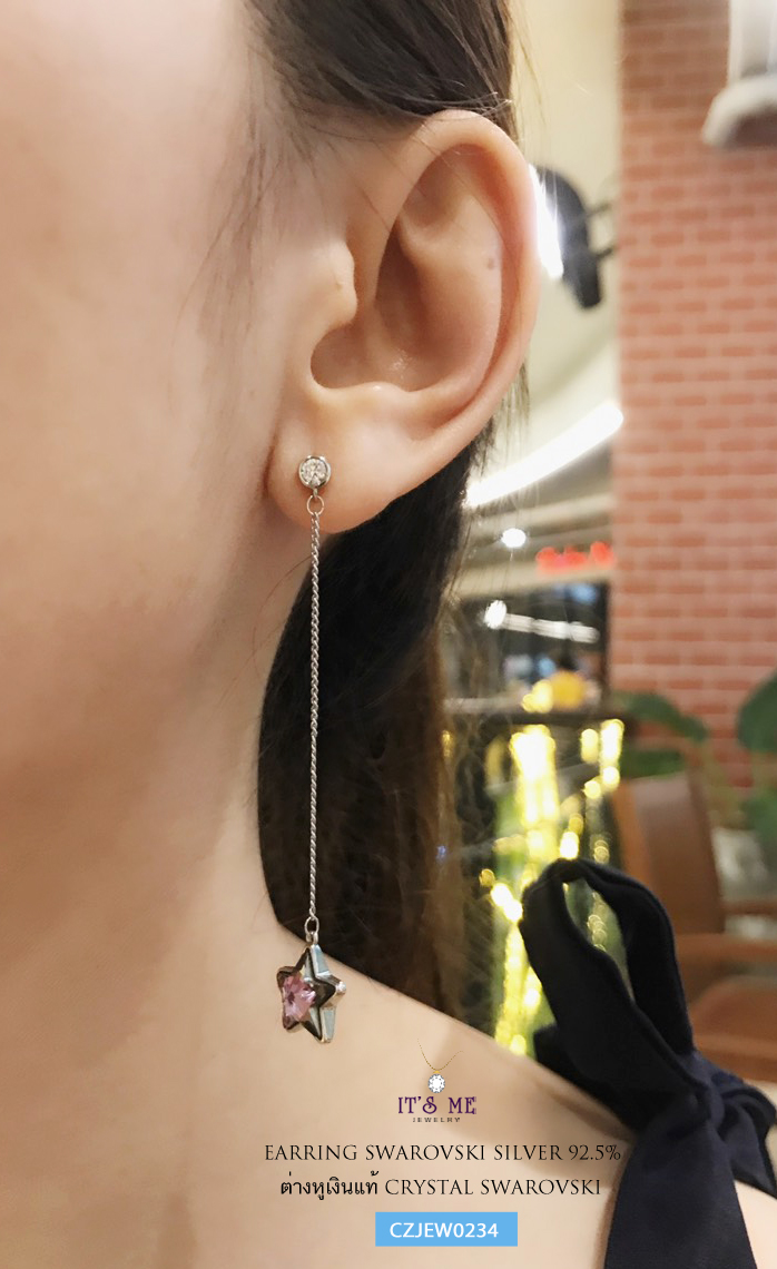 ต่างหูเงินแท้ ต่างหู CRYSTAL SWAROVSKI เรือนเงินแท้ แบบแป้นเสียบ ห้อยสร้อยเงินแท้ ร้อยดาว (งานเงินแท้ชุบโรเดียม/ทองคำขาว) เป็นงานเก๋ๆ ค่ะ