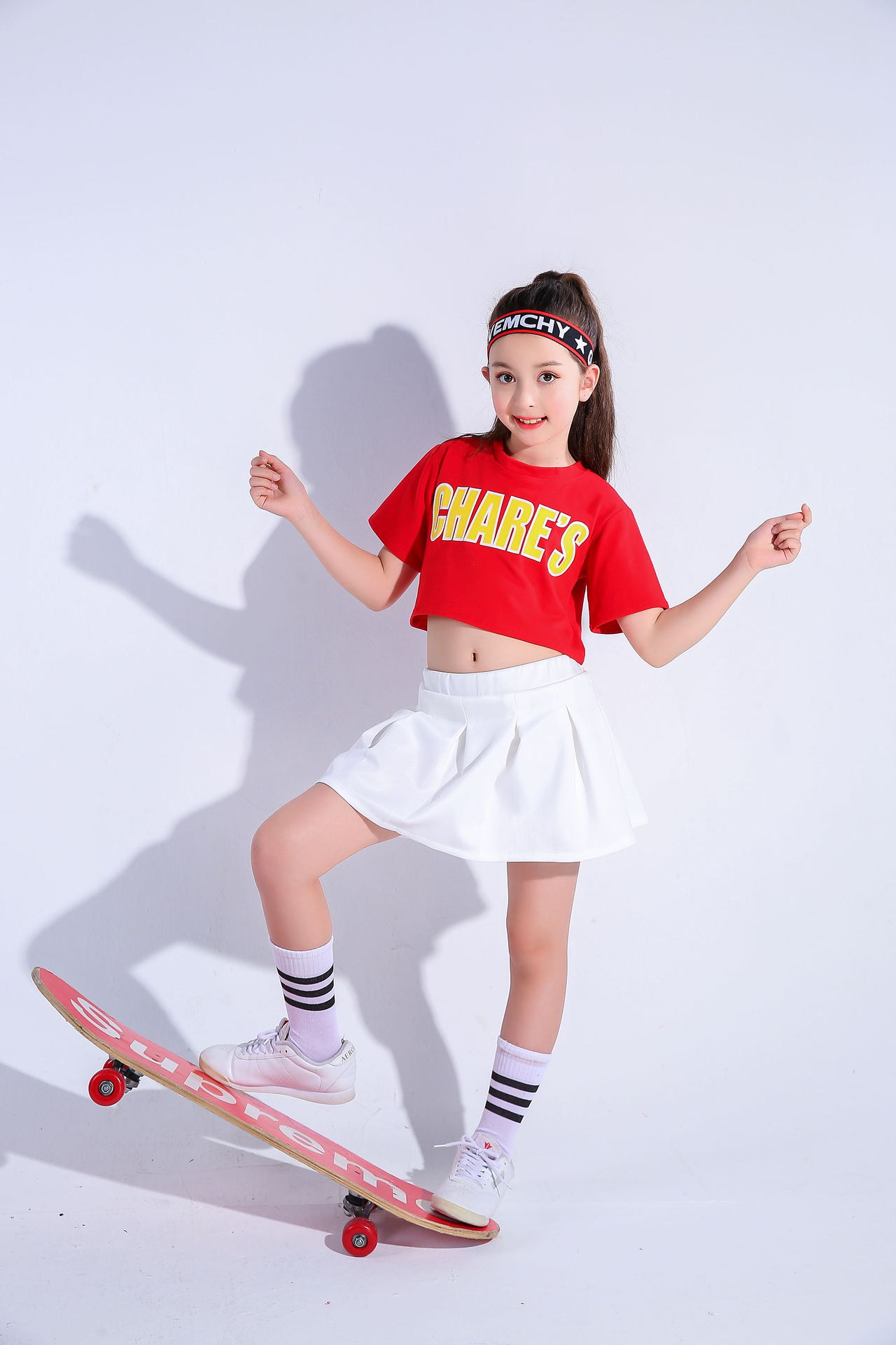 พร้อมส่ง ชุดเต้น ชุดหรีดเดอร์ ชุดเชียร์ เสื้อแขนสั้น+กระโปรงขาว