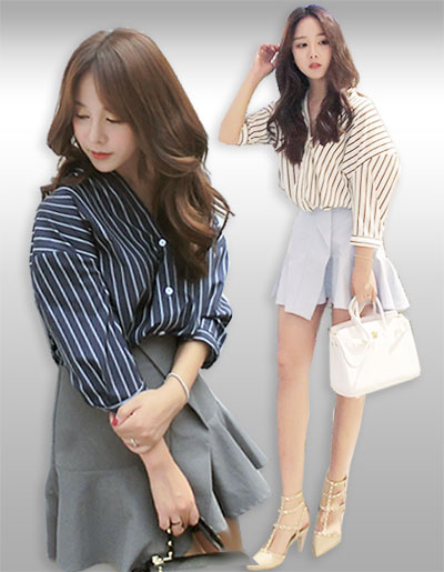 เสื้อแฟชั่นคอวีแขนสั้นแต่งลายริ้ว มี2สี รหัส2048