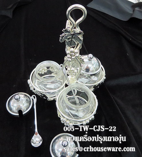 condiment set 3 glass jar with cover and spoon ชุดเครื่องปรุงแบบพวง 3 ลายเถาองุ่น 005-TW-CJS-22,,condiment dispenser,调味品分配器,dispenser condiment,ຕູ້ເຄື່ອງປຸງອາຫານ,gia vị quả,