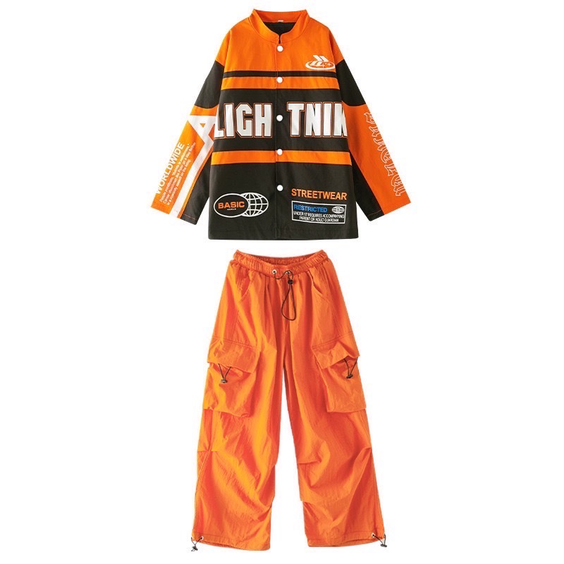 ชุดเต้น ฮิปฮอป เซ็ท เสื้อคลุมแจ๊คเก็ตLIGH TNIK+กางเกง สีส้ม**สินค้าเปิดจอง