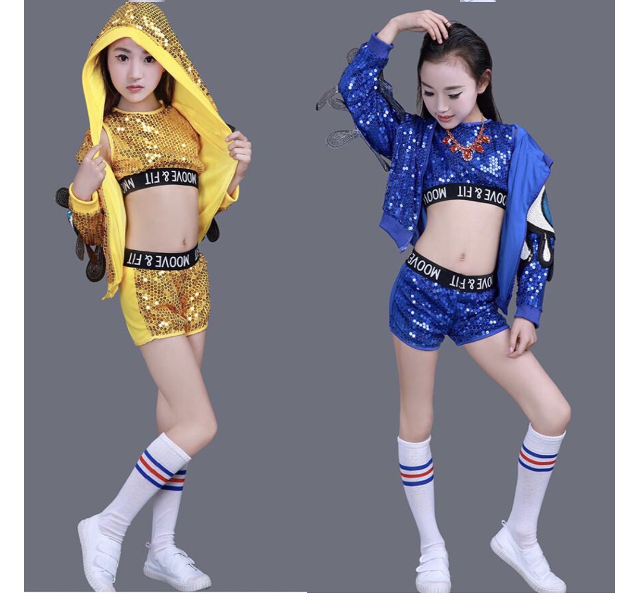 ชุดเต้น ชุดแดนซ์ ฮิปฮอป ปักเลื่อม ขาสั้น พร้อมแจ็คเก็ตฮูด