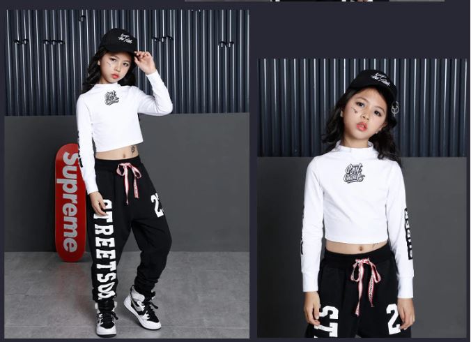 พร้อมส่ง ชุดเต้น ชุดฮิปฮอป สีขาวแขนยาวสีแดง+กางเกง