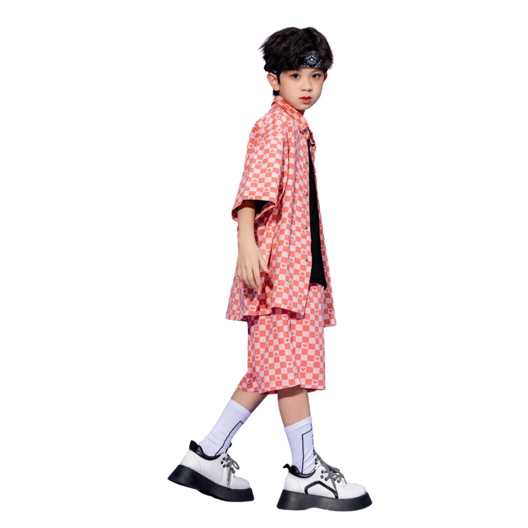 พร้อมส่ง ชุดเต้น ชาย/หญิง ลายสก๊อต ลายหมากรุก สีชมพูโอรส