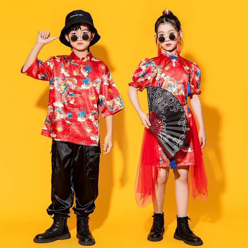 **พร้อมส่ง**ชุดจีน กี่เพ้า ชุดเซ็ตตรุษจีนสีแดง ลายมังกร