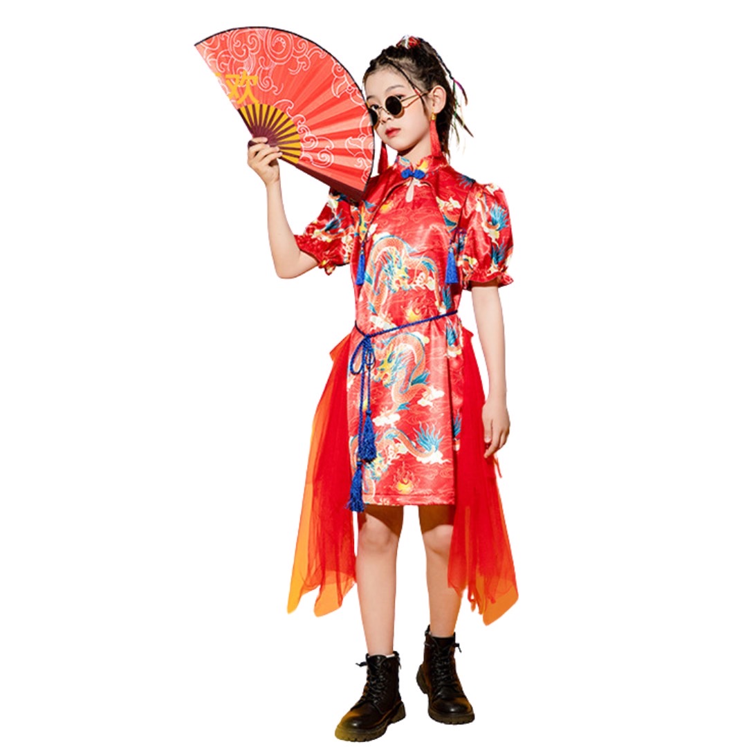 **พร้อมส่ง**ชุดจีน กี่เพ้า ชุดเซ็ตตรุษจีนสีแดง ลายมังกร