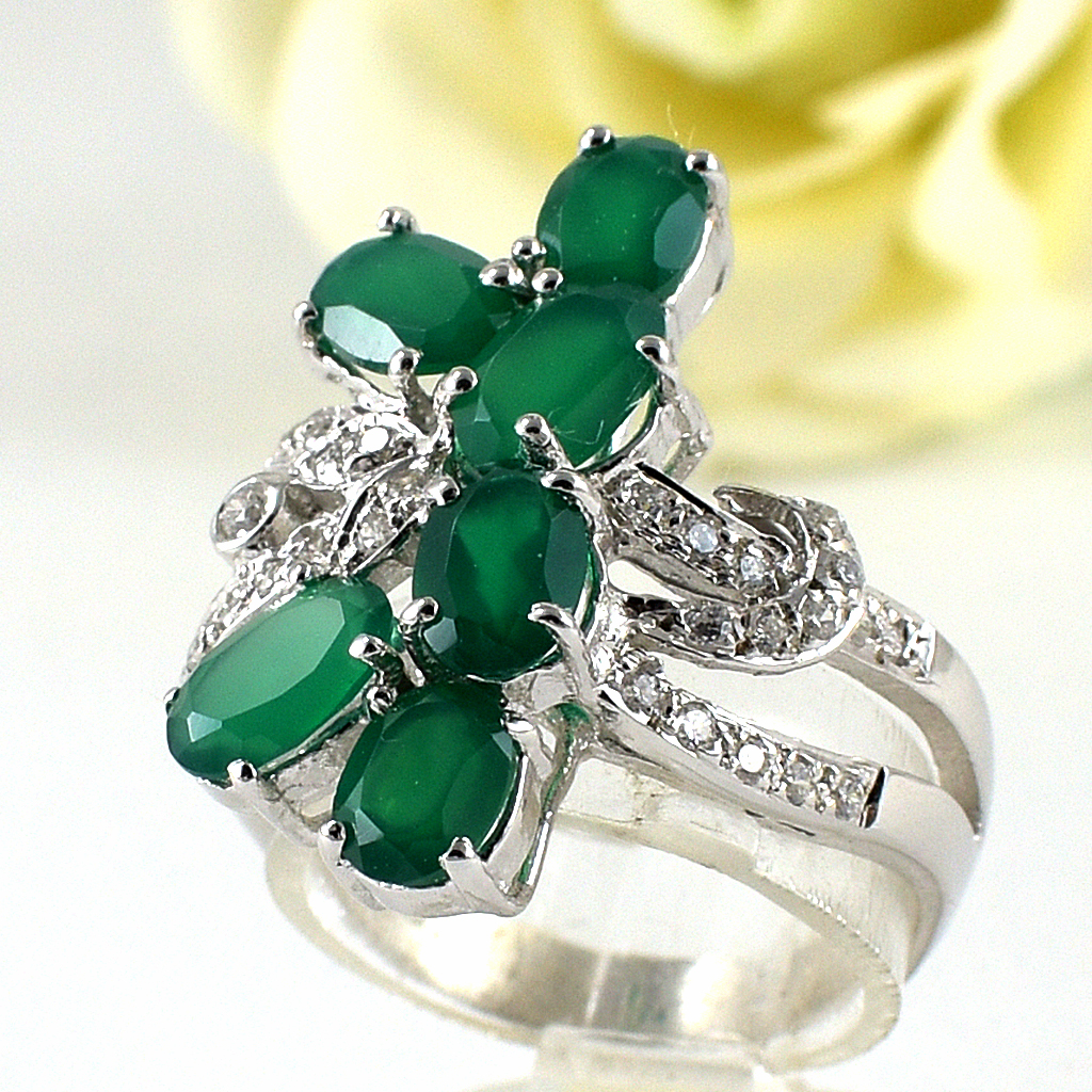 แหวนเงินแท้ราคาถูกชุบทองคำขาว พลอยแท้กรีนอะเกท 2.60 กะรัต เพชรCZ 0.225 กะรัต งานประณีตสวยงาม สั่งผลิตค่ะ