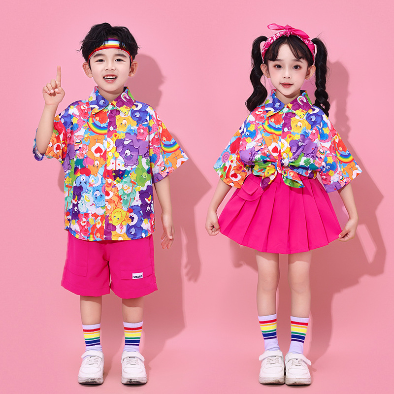 สินค้าพร้อมส่ง ชุดเต้นเด็ก เซ็ต เสื้อลายการ์ตูน+กระโปรง/กางเกง เซ็ตหมีชมพู