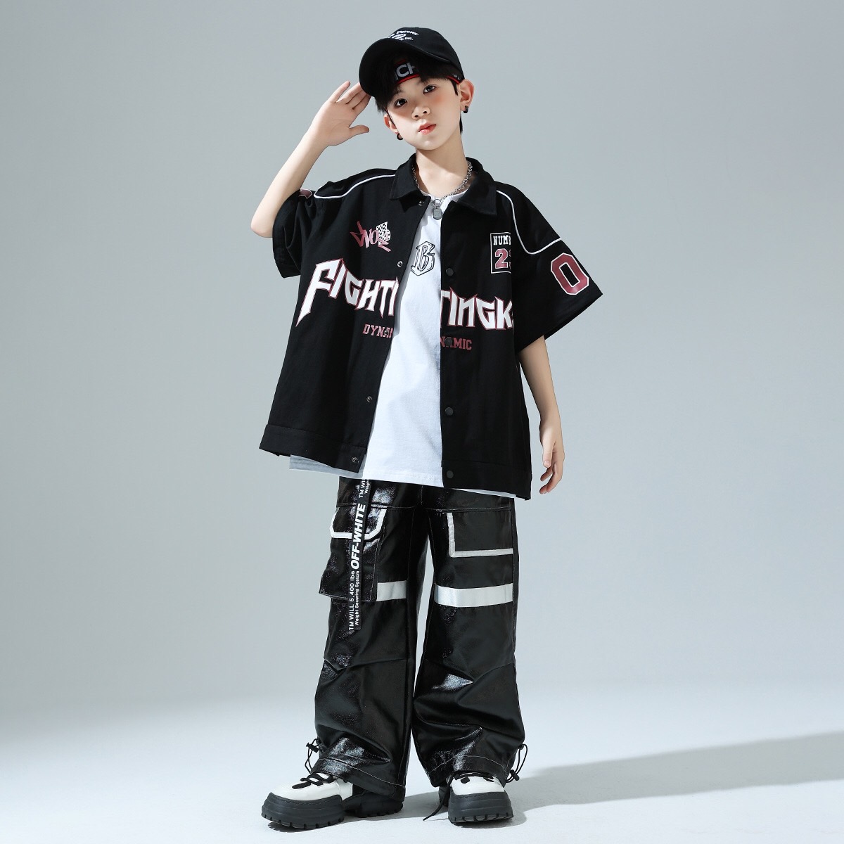 พร้อมส่ง***ชุดเต้น ชุดฮิปฮอป เสื้อแขนสั้นดำ+กางเกงหนังดำ