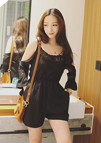 ชุดจั๊มสูท สายเดี่ยว ต่อแขนยาว ขาสั้น - 1244-สีดำ