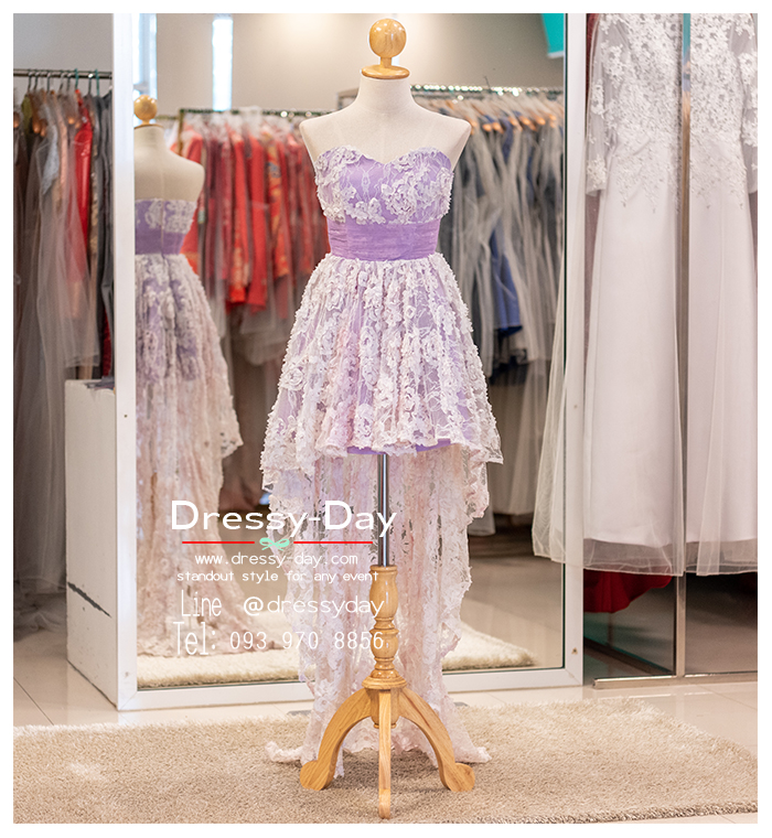 รหัส ชุดราตรีสั้น : PF013 ชุดราตรียาว เดรสออกงาน ชุดไปงานแต่งงาน ชุดแซก สีม่วง หน้าสั้นหลังยาวสวยๆ หมาะสำหรับงานแต่งงาน งานกลางคืน กาล่าดินเนอร์