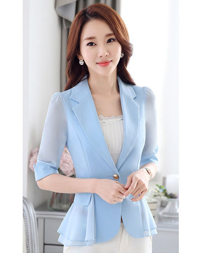 เสื้อสูทผู้หญิงสีฟ้าแต่งแขนและชายระบายชีฟองสไตล์สวยหรูมี 5 ไซส S/M/L/XL/2XL รหัส 1804