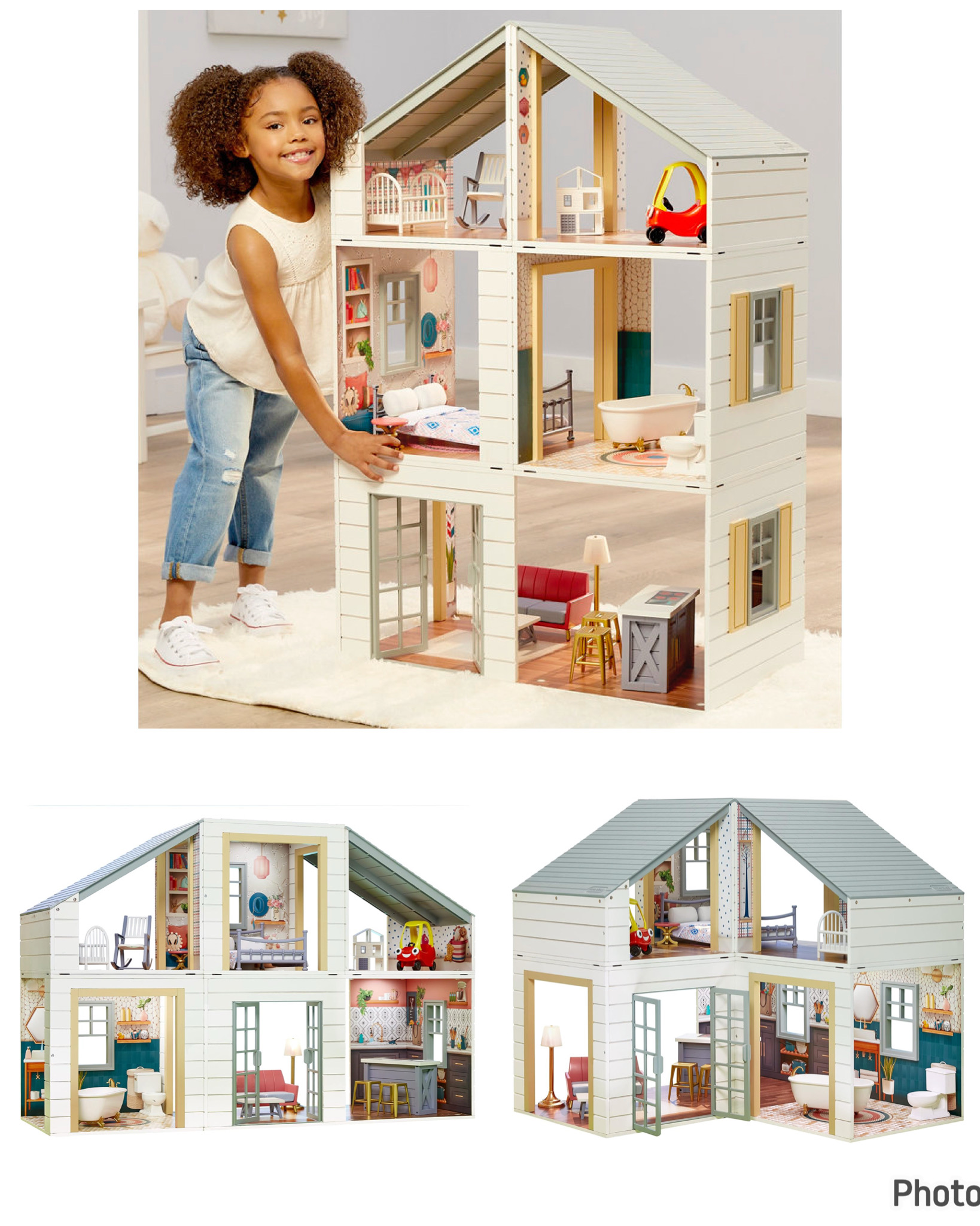 บ้านตุ๊กตาที่สามารถเปลี่ยนแบบบ้านได้ Little Tikes Real Wood Stack ‘N Style Dollhouse with 14 Accessories ฝ