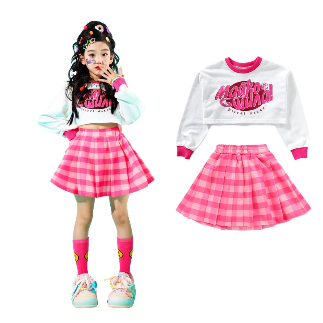 ชุดเต้น ชุดแดนซ์ ชุดเซ็ทเสื้อแขนยาวสีชมพู+กางเกงวอร์ม/กระโปรง