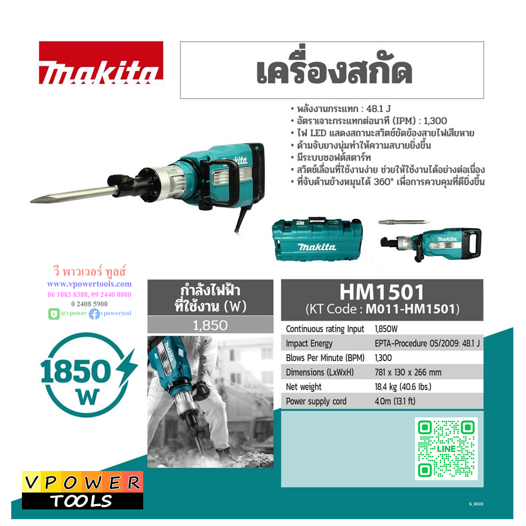 Makita HM1501/HM1511 (AVT) สกัดไฟฟ้า (ก้านหกเหลี่ยม 30มม.) พร้อมกล่องมีล้อลาก