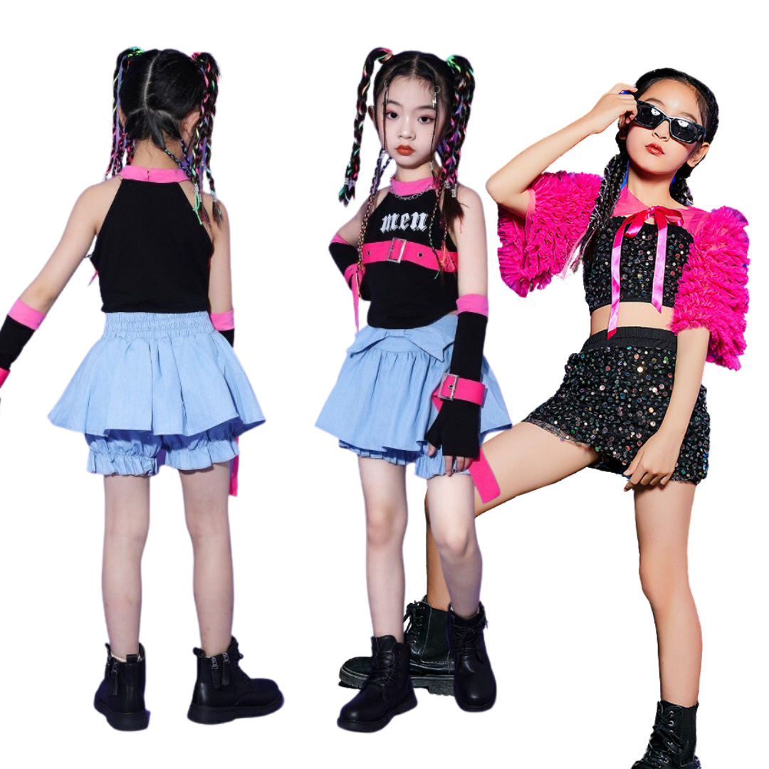 ชุดเต้น สาวเกาหลี เซ็ต3ชิน เสื้อดำสายคาดอก+กางเกงขาสั้นฟ้า มีปลอกแขน