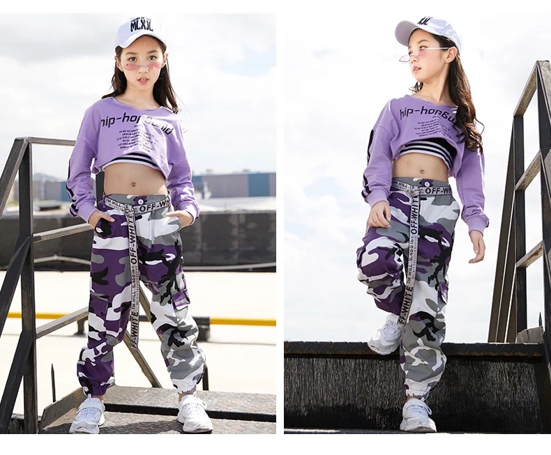 ชุดเต้น ชุดแดนซ์ เสื้อแขนยาวสีม่วง+ครอปตัวใน+กางเกงขายาว ลายทหาร