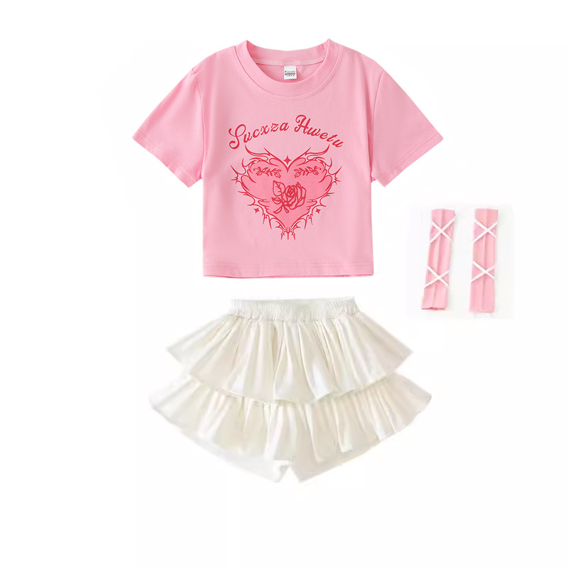 พร้อมส่ง ชุดเต้น เสื้อครอป แขนสั้น สกรีนลายหัวใจ+ถุงมือถักริบบิ้น