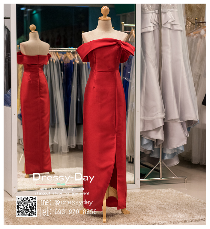 รหัส ชุดราตรียาวคนอ้วน : PK012 ชุดแซก ชุดราตรียาวมีแขน หรู สีแดง ไหล่ปาด ผ้าไหม เรียบหรู เหมาะสำหรับงานแต่งงาน งานกลางคืน กาล่าดินเนอร์