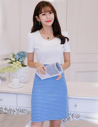 ชุดเดรสแฟชั่นแขนสั้นต่อกระโปรงลายตารางน้ำเงินขาว สไตล์เกาหลี รหัส 1637