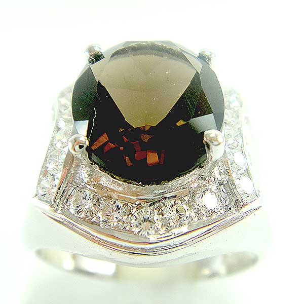 แหวนเงินแท้ราคาถูกชุบทองคำขาว พลอยแท้สโมกกี้ควอทซ์ 4.80 กะรัต เพชรCZ 0.67 กะรัต งานประณีตสวยงาม สั่งผลิตค่ะ