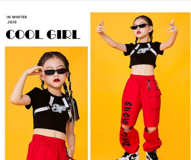 ชุดเต้น ชุดแดนซ์ เสื้อสีดำ+กางเกงขายาวสีแดง