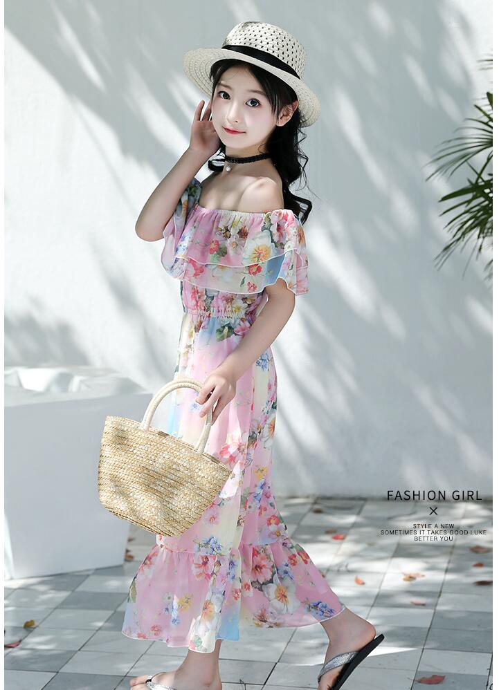 ชุดเด็ก : ชุดเดรส ลายดอก เปิดไหล่