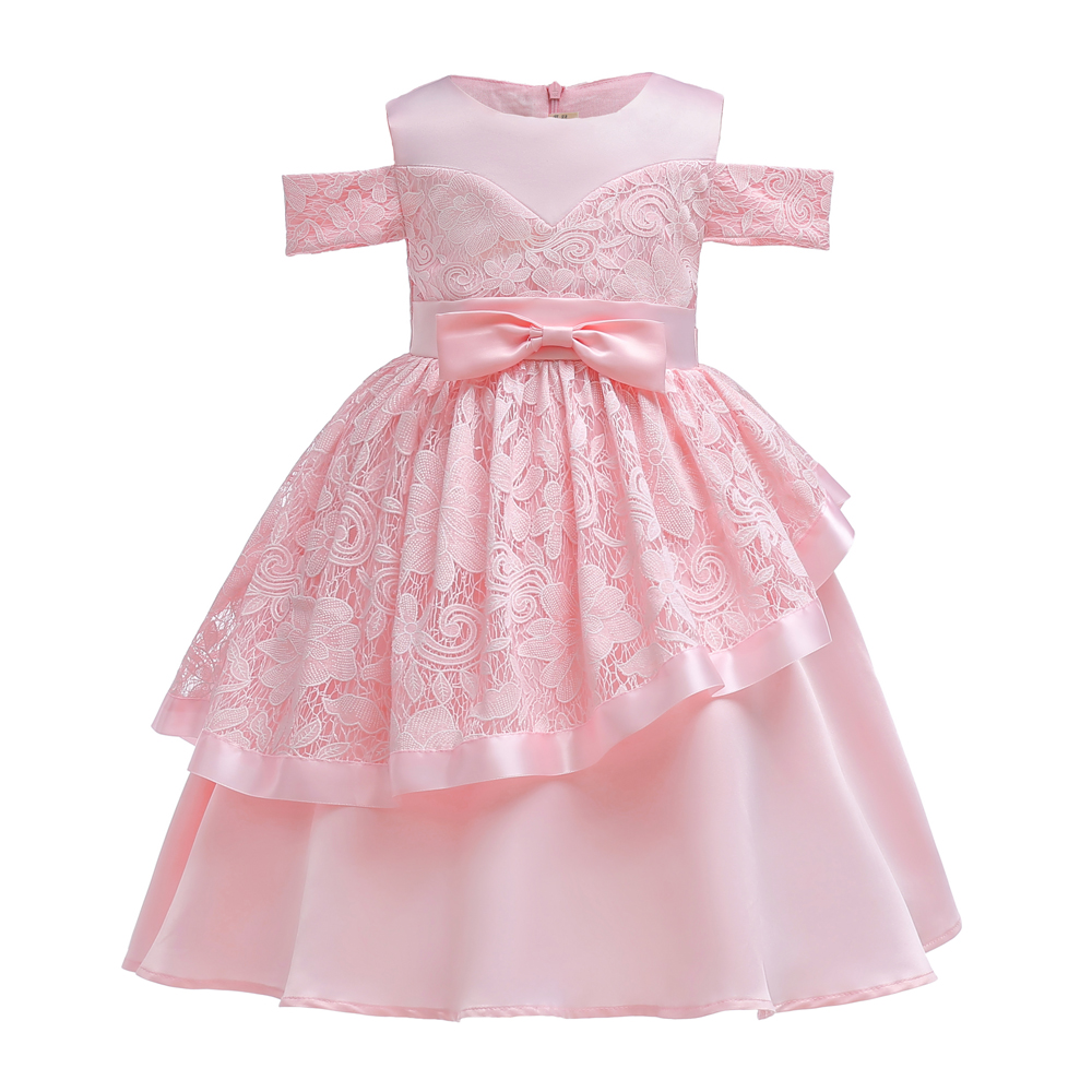 F เดรสเด็ก ชุดออกงาน สีชมพูอ่อน เปิดไหล่