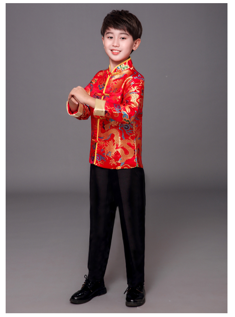 **พร้อมส่ง** ชุดจีน กี่เพ้า ชุดจีนเด็กชาย เสื้อสีแดงแขนขลิบทอง+สแลคดำ รุ่น 2
