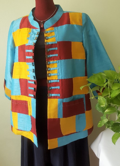 SIVA เสื้อคลุ้มผ้าไหมไทยตกแต่งวัสดุเหลือใช้ SIVA (ส่งฟรี) ดำ,น้ำตาล,ชมภู่,ฟ้า,แดงเลือดหมู M,L,XL,XXL