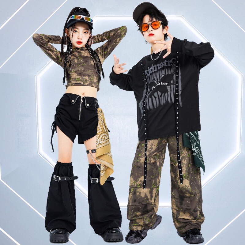 พร้อมส่ง ชุดเต้นเด็กผู้หญิง เซ็ต ลายพลาง