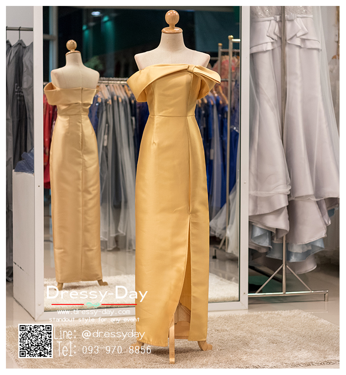 รหัส ชุดราตรียาวคนอ้วน : PK012 ชุดแซก ชุดราตรียาวมีแขน หรู สีทอง ไหล่ปาด ผ้าไหม เรียบหรู เหมาะสำหรับงานแต่งงาน งานกลางคืน กาล่าดินเนอร์
