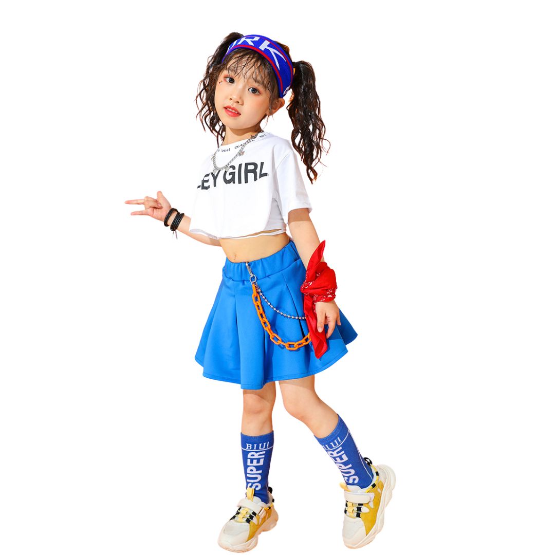 พร้อมส่ง ชุดเต้น ชุดแดนซ์ สไตล์ฮิปฮอป เซ็ตสีน้ำเงิน-ขาว