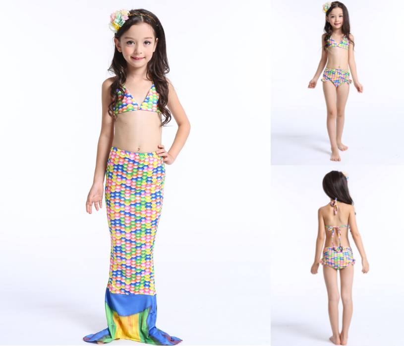 สินค้าพร้อมส่ง ชุดเด็ก ชุดว่ายน้ำหางนางเงือก จุดหลากสีรุ้ง