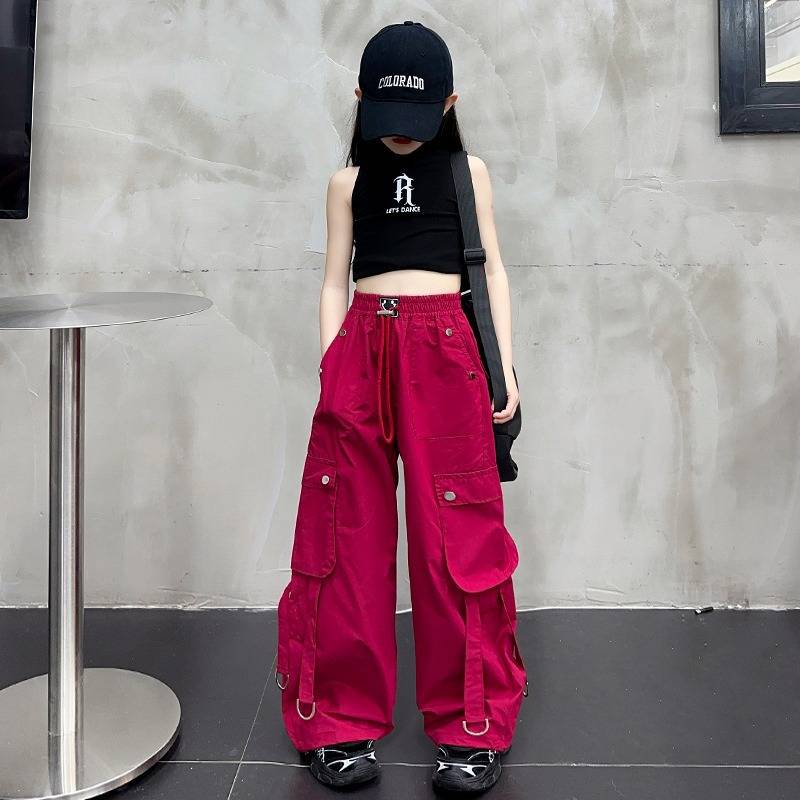 พร้อมส่ง กางเกงเด็ก คาร์โก้ สไตล์ Y2K ขากระบอกสีพื้น