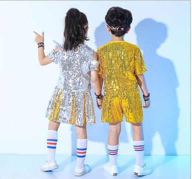 F ชุดเต้น ปักเลื่อม เซ็ตเสื้อ+กางเกง สีทอง+คาดผม