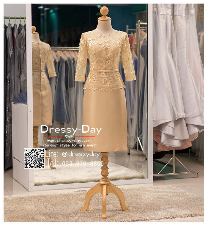 รหัส ชุดเจ้าภาพ :PFS060 ชุดไปงานแต่งงานแขนยาวตกแต่งลูกไม้ ชุดราตรีสั้นผ้าไหมสีทองนสวยหรู ชุดเดรสออกงานสามารถใส่เป็นชุดไปงานแต่งงาน กาล่าดินเนอร์ ชุดไทยประยุกต์