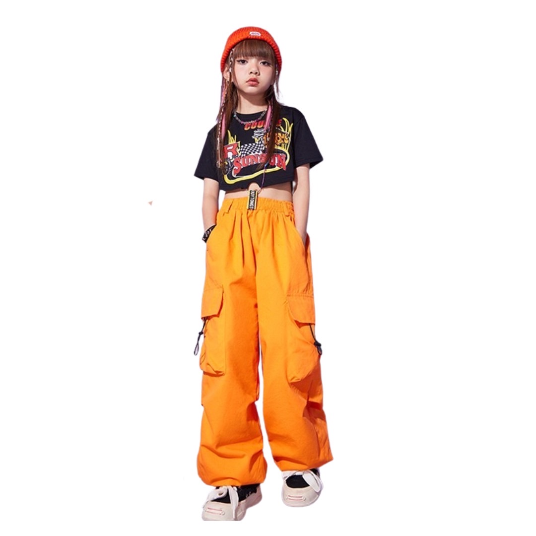 พร้อมส่ง ***ชุดเต้น แดนซ์ เสื้อเอวลอยแต่งลาย+กางเกงคาร์โก้ สีส้ม