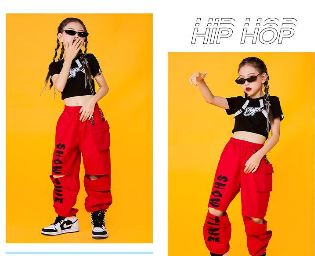 ชุดเต้น ชุดแดนซ์ เสื้อสีดำ+กางเกงขายาวสีแดง